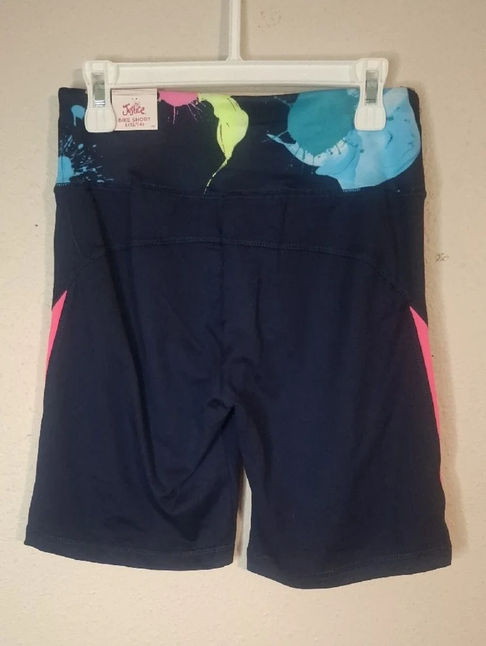 Justice Navy Tank & Shorts Set with Neon Paint-Splash and Pink Trim Large 12-14